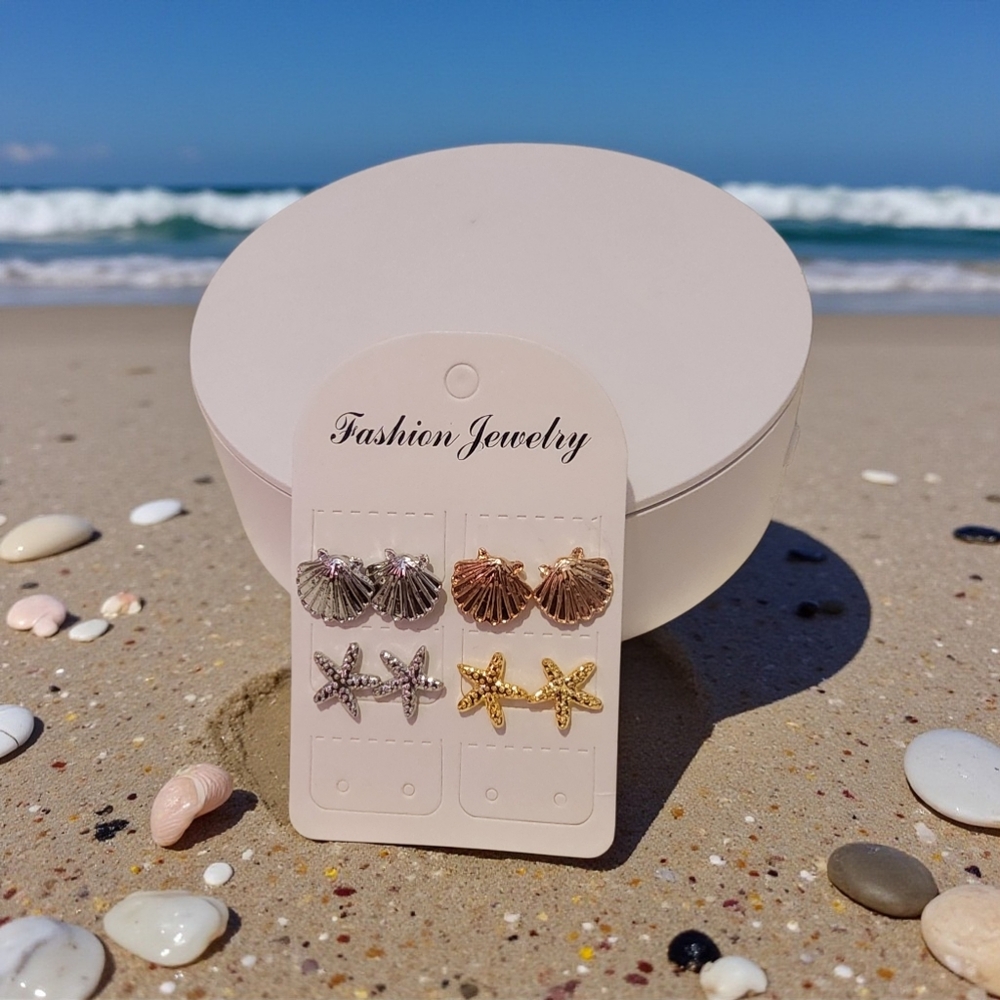 Custom Starfish and Shell Stud Earrings Set